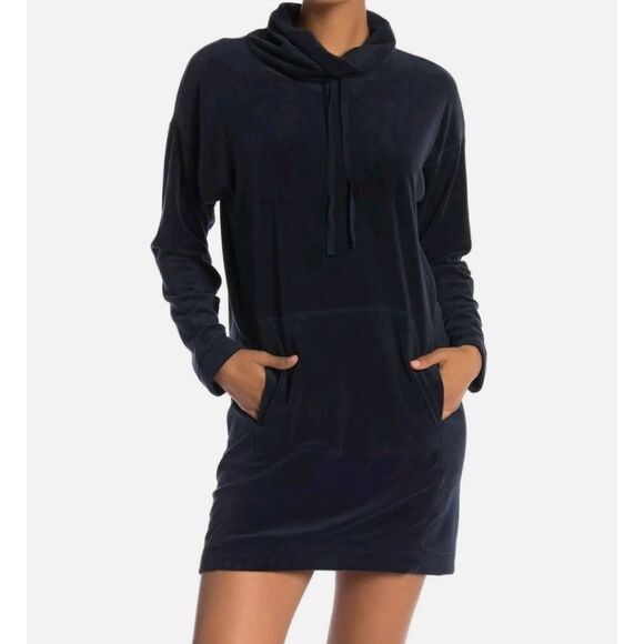 Max Studio -758 Women's Long Sleeve Kangaroo Pocket Dress Hooded Dark Navy Small - Picture 1 of 6